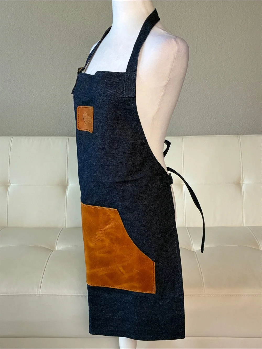 Premium Denim Apron with Brown Leather Pocket - Picture 7 of 11